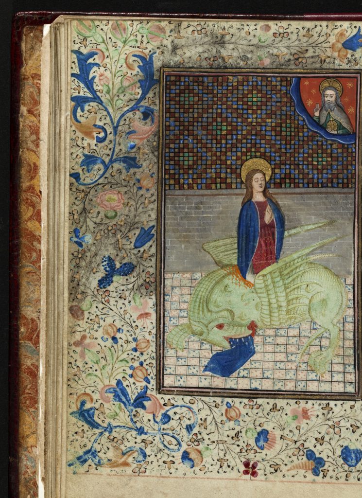 A scan of a page from the Lyte book of hours that shows saint Margaret emerging from a dragon's stomach.