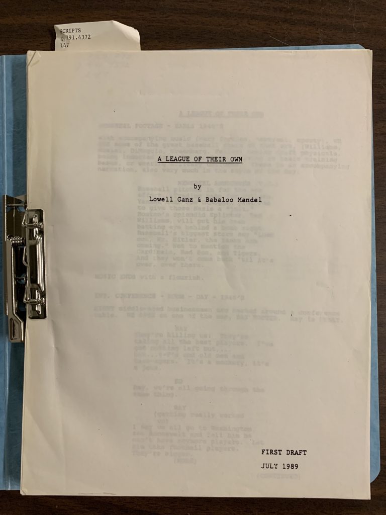 The title page of the script of A League of Their Own