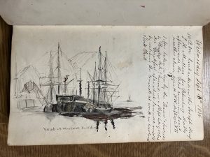 Journal page with manuscript writing and sketch of harbor and docked 