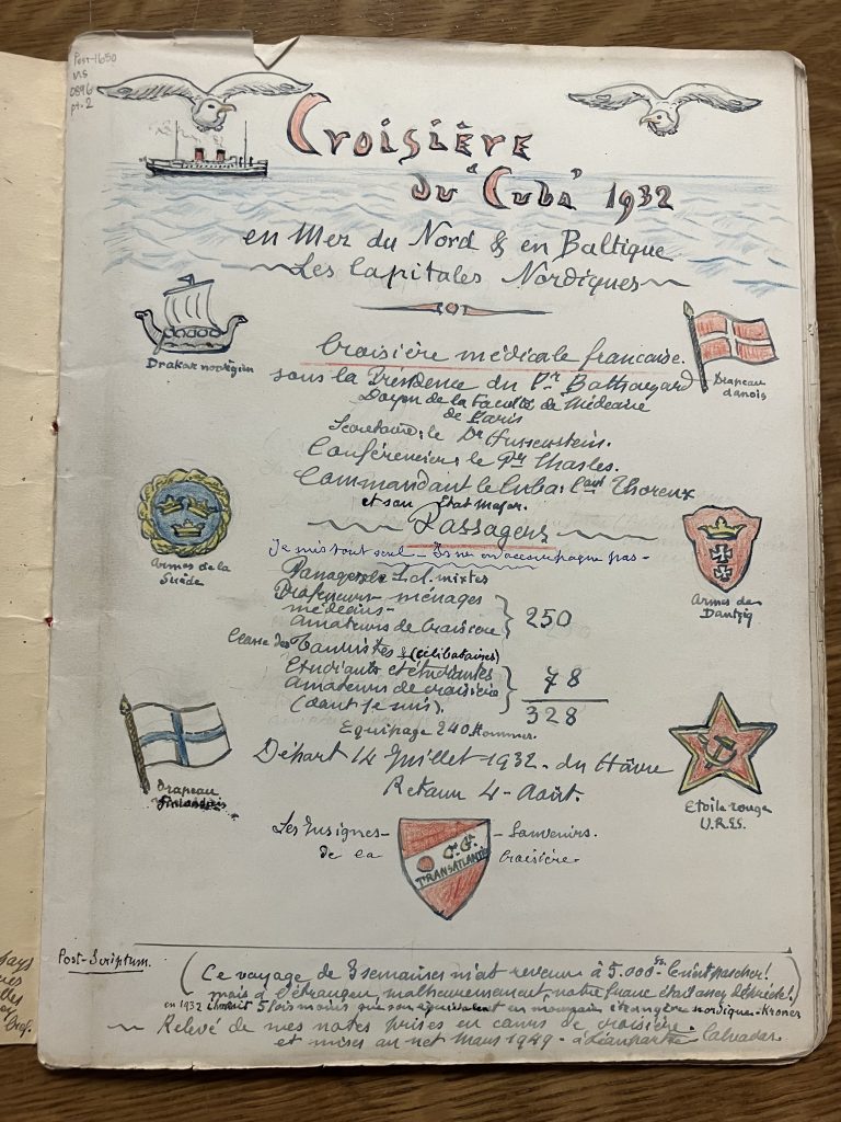 Handwritten title page: “Croisière du 'Cuba' 1932 en Mer du Nord & en Baltique. Les capitales Nordiques” with sketches in colored pencil of a ship on open water, sea birds in flight, and flags and emblems from the visited countries.