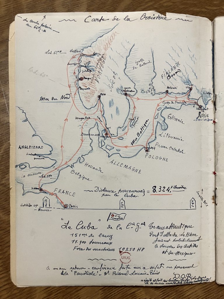 Hand-drawn and colored map of cruise itinerary, captioned “Carte de la Croisière.”