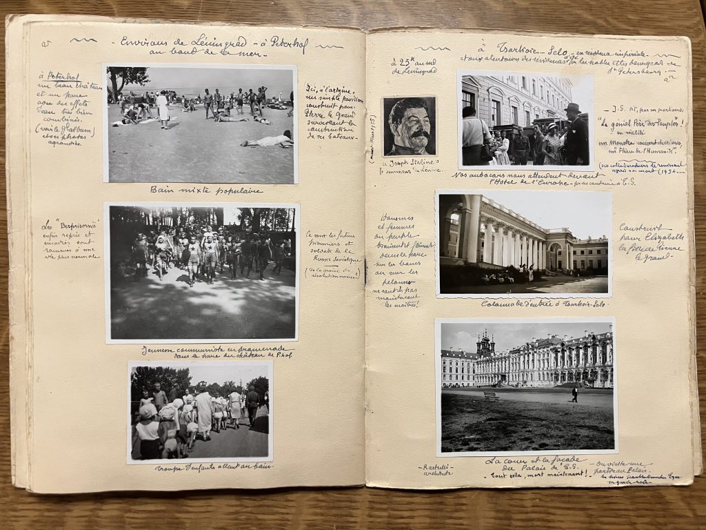 Double spread of mounted black and white photographs, including images of young people bathing at Peterhof, of the former imperial palace at Tsarskoye Selo, and a postage-stamp portrait of Stalin.