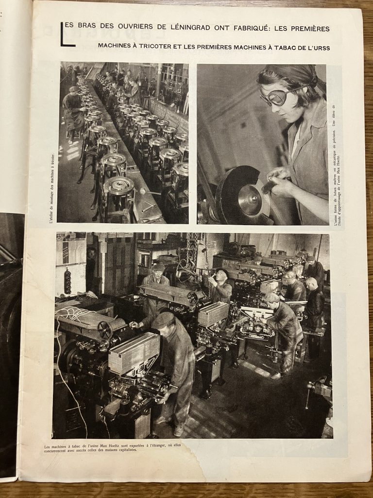 Page from Soviet propaganda magazine, showing images of factory workers, knitting and tobacco-cutting machines, and a young female student in safety goggles.