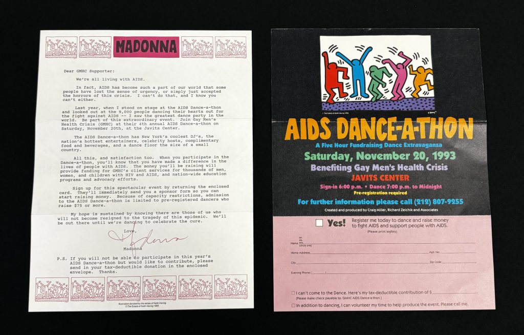 Left: Letter to "GMHC Supporter" from Madonna. Right: AIDS Dance-A-Thon flyer featuring artwork by Keith Haring.