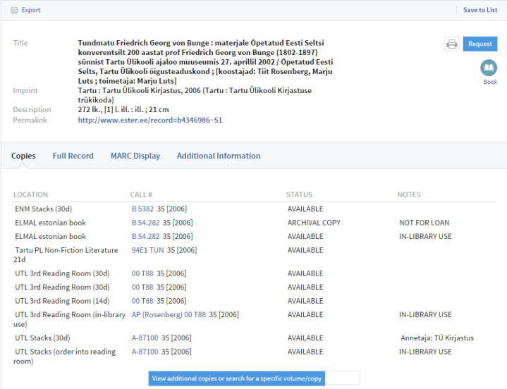 Example record from Estonian Union Catalog