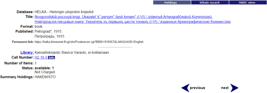 Screenshot of catalog record from Helsinki Library