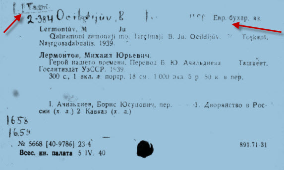 Card catalog entry_Tajiki imprints_Russian National Library