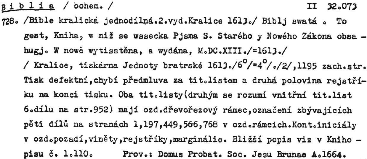 Entry for and edition of the Bible kralicka