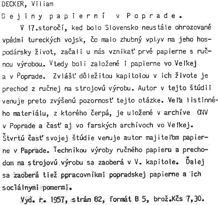 Annotation of a monograph on the history of certain paper mills in Slovakia