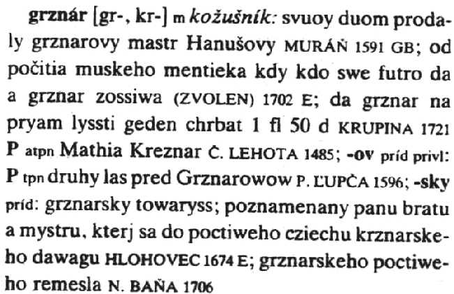 Entry for the word "grznar"