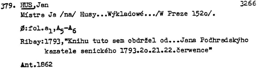 Entry for a work by Jan Hus