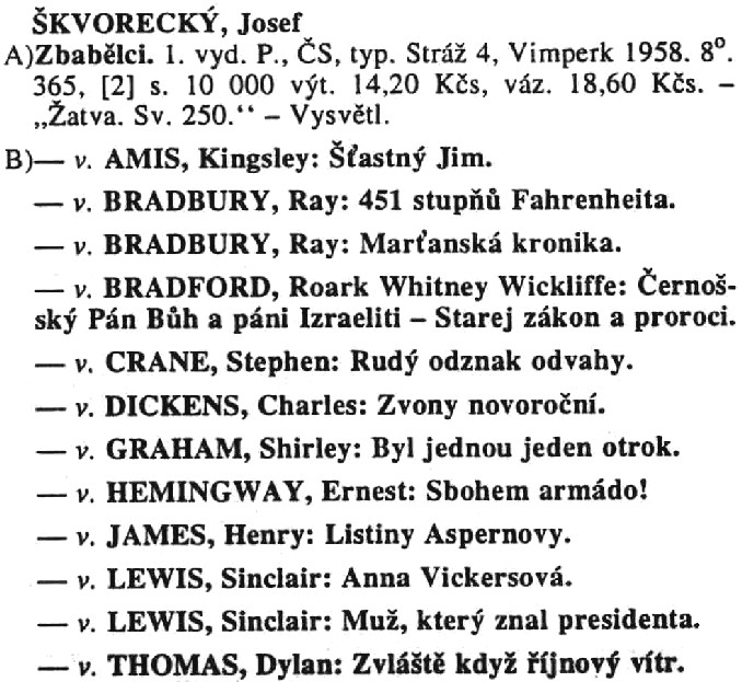 Entries for works by Josef Skvorecky