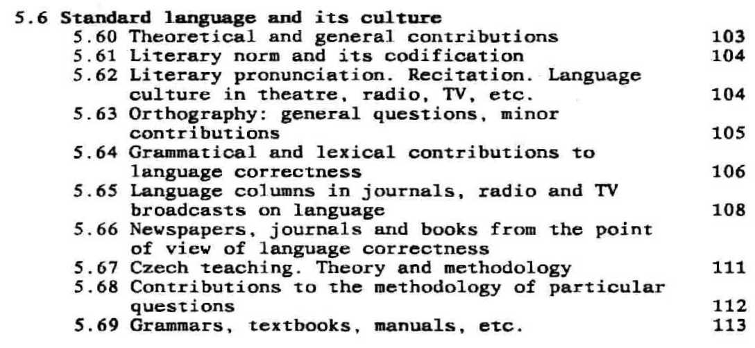 Part of the English language table of contents