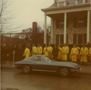 Police in rain gear and protective riot gear on Wright Street, near the Chi Omega sorority house, during protests in March 1970.