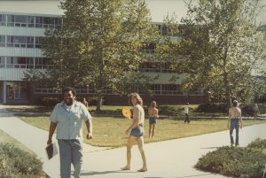 Outside a residence hall, 1980s