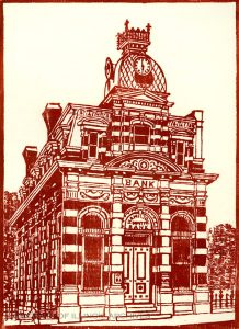 Cloud State Bank woodblock print, 1971. Found in record series 41/1/20, Box 45.