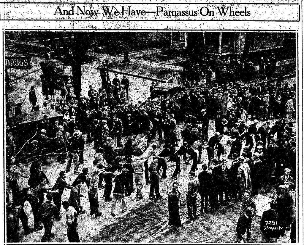 From Daily Illini Front Page, March 20, 1927: "Above is a scene from the skaters' parade along Daniel street, which has now become a daily affair. Scores of students went through their tricks yesterday along the thoroughfare between Sixth and Second streets, and the picture shows the crowd at the corner of Daniel and Sixth streets." 