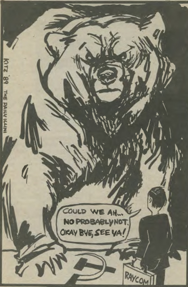 Newspaper comic from the Daily Illini, 1989, making light of the inability of Raycom and the Soviet sports ministry to come to a permanent agreement. 26/1/5, Box 9, University of Illinois Archives.