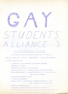 The announcement for the first meeting of the Gay Students' Alliance, which became Gay Illini