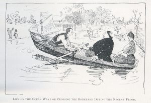 From the 1908 Illio, p. 539. Caption reads: "Life on the ocean wave or crossing the Boneyard during the recent flood"