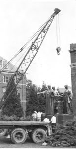 Alma Mater is moved from Foellinger to its current location, August 20, 1962