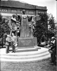 President David Kinley (left) and Lorado Taft in front of Taft's Alma Mater during the sculpture's dedication, 1929