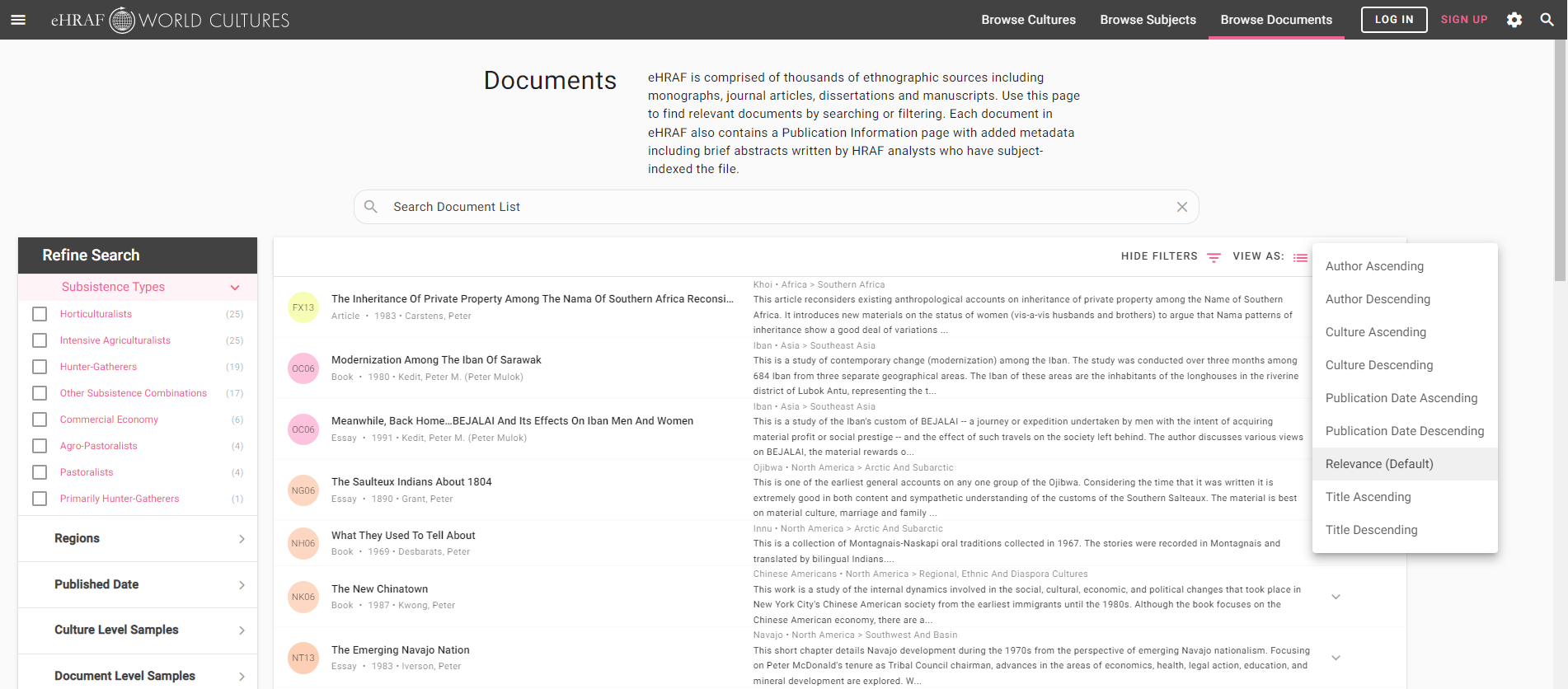 list of ehraf world cultures documents with search bar at the top and filters list on the side