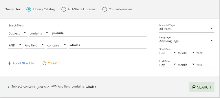 A library catalog search record that shows the subject contains "juvenile" and any field contains "whales"