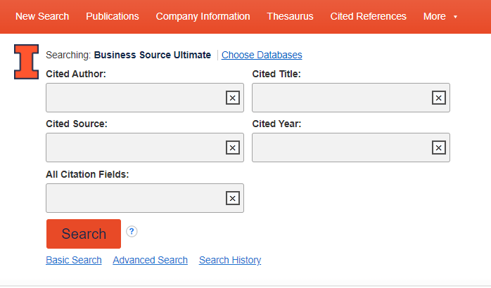 a screenshot of the business source ultimate database's cited references feature, with boxes for filling in cited author, title, source, year, or all citation fields 