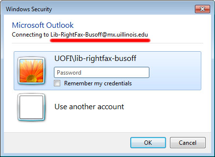 Microsoft Outlook Connecting to Lib-RightFax-Busoff@mx.uillinois.edu. UOFI\lib-rightfax-busoff