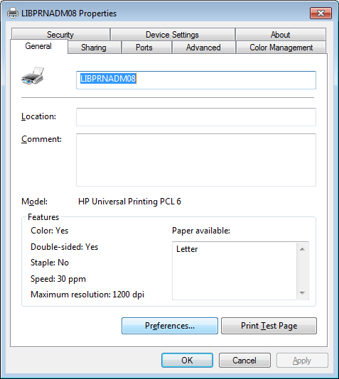 LIBPRNADM08 Properties. General: LIBPRNADM08, Location, Comment. Model: HP Universal Printing PCL 6. Features. Color: Yes, double-sided: yes, staple: no, speed: 30ppm, maximum resolution: 1200 dpi, Paper available: letter. Preferences, Print test page. Ok, cancel, apply.