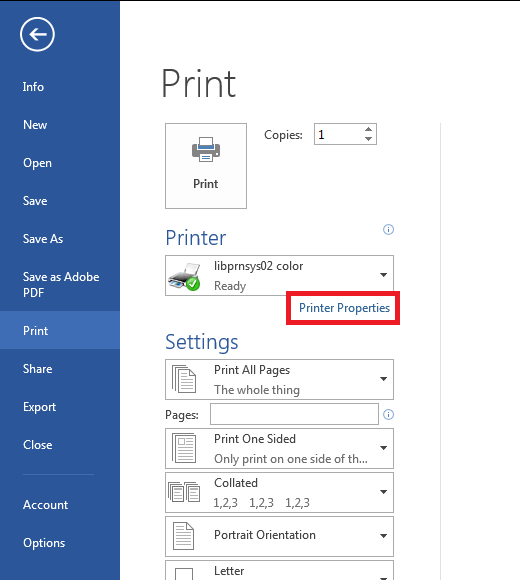 Print. Print, Copies: 1. Printer: libprnsys02 color ready. Printer properties. Settings: Print all pages the whole thing, print one sided only print one side of the page, collated 1,2,3 1,2,3 1,2,3, portrait orientation, letter.