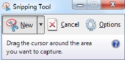 snipping tool. New - drag the cursor around the area you want to capture. Cancel, Options.
