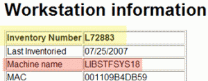 Workstation information. Inventory number L72883. Last inventories 07/25/2007. Machine name LIBSTFSYS18. MAC 001109B4DB59