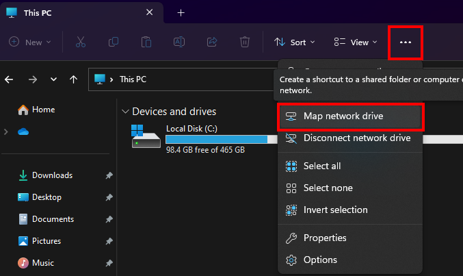 screenshot to show how to find "Map network drive" option