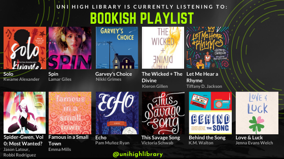 A graphic of music-themed books with the covers cropped as squares to look like music albums in a playlist. The words "Uni High is listening to: Bookish Playlist" are along the top.