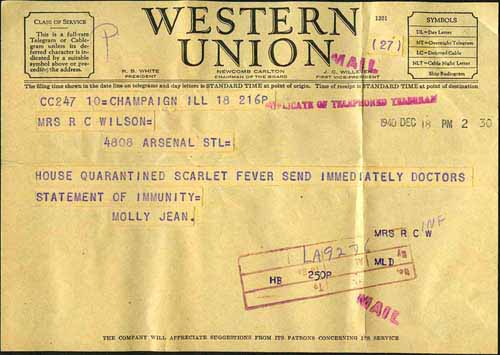 Telegram, 1942, from Molly Jean stating the house was under quarantine and requesting statement of immunity.