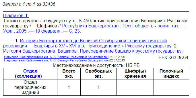 Results from main catalog from national library of Bashkortostan.