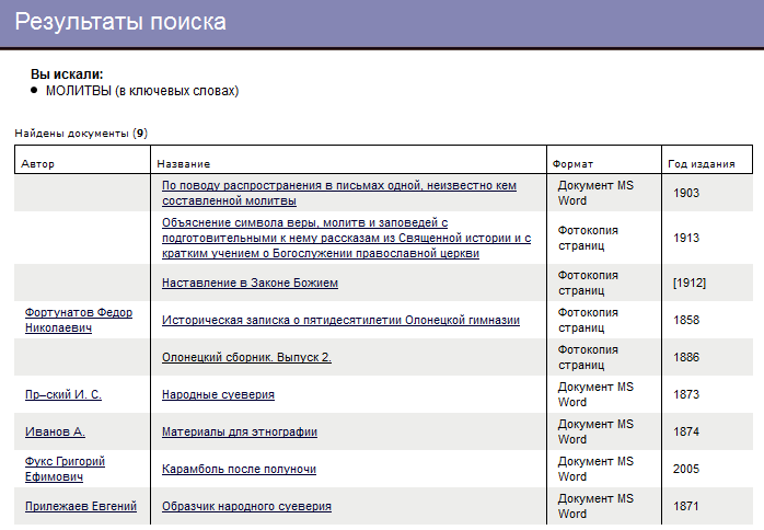 Sample results from electronic library of Karelia