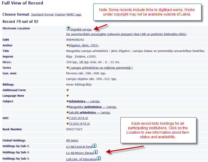 Screenshot of Latvian National Library Union catalog record. 