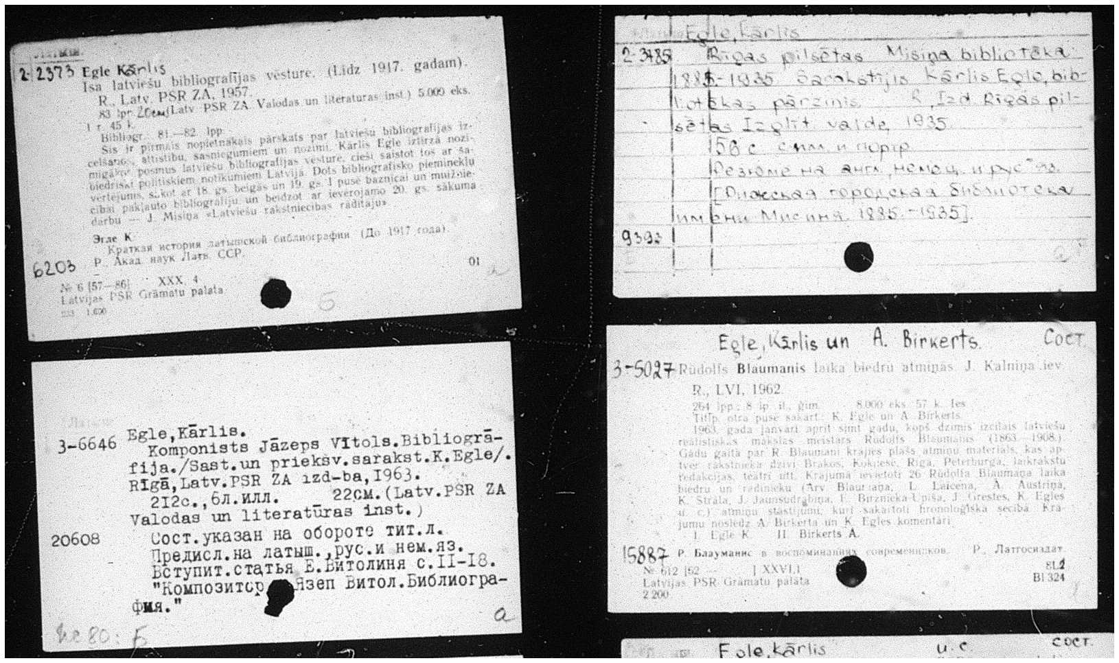 image of 4 cards from scanned card catalog of latvian titles at the russian national library