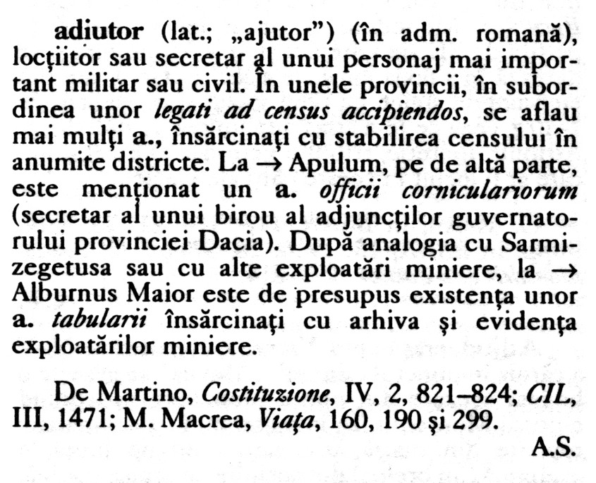 a sample entry from Enciclopedia arheologiei si istoriei vechi a Romaniei