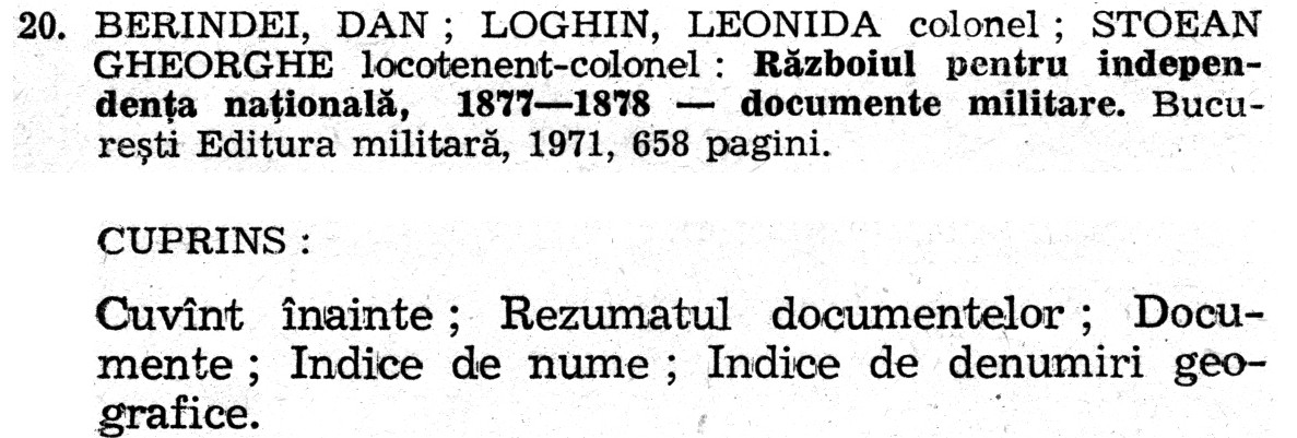 a sample entry from Romania in razboiul pentru independenta nationala
