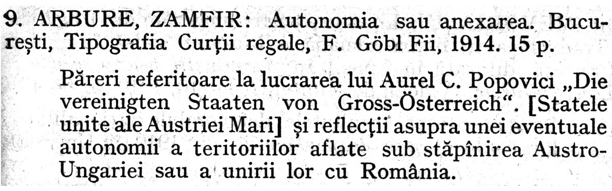 a sample entry from Contributii bibliografice privind unirea Transilvaniei cu Romania