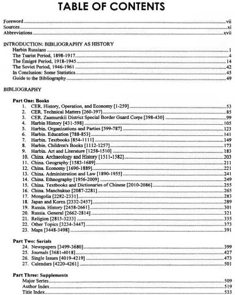 Harbin Russian imprints table of contents